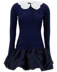 Self-Portrait - Kleedjes ,Blauw ,Katoen Knit Taffeta Mini Jurk - Lyst