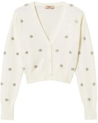 Twinset - Truien & Vesten ,Wit ,Angora Cardigan Met Bloemapplicaties - Lyst