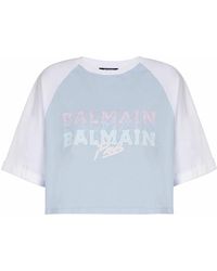Balmain - Tops ,Blauw ,Katoen Cropped T-Shirt Met Parijs Print - Lyst