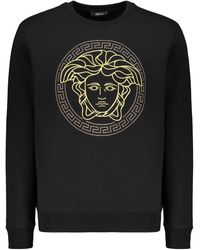 Versace - Hoodies & Sweatvesten ,Zwart ,Katoen Geborduurde Katoenen Sweatshirt Met Ribgebreide Boorden - Lyst