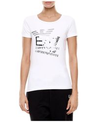 EA7 - Tops ,Wit ,Katoen Logo Series Stretch-Cotton T-Shirt Met Ronde Hals - Lyst