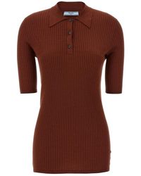 Prada - Tops ,Bruin ,Katoen Ribbed Polo Shirt - Lyst
