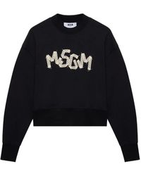 MSGM - Hoodies & Sweatvesten ,Zwart ,Katoen Geborduurde Sweatshirt - Lyst
