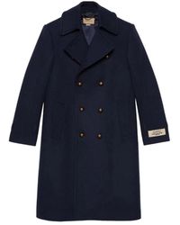 Gucci - Cappotto di lana blu notte con toppa del logo - Lyst