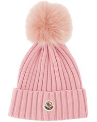 Moncler - Accessoires ,Roze ,Wol Wollen Pom Pom Muts - Lyst