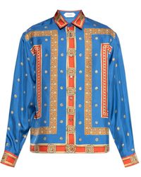 Versace - Overhemden ,Blauw ,Gedrukte Regular Fit Overhemd Van Zijde Twill - Lyst