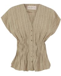 Cortana - Overhemden ,Grijs ,Leer Getailleerde Linnen Blouse Met Korte Mouwen - Lyst