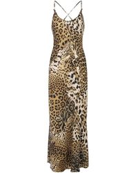 Roberto Cavalli - Seiden-midi-kleid mit leopardenmuster - Lyst