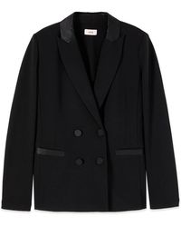 Oltre - Jassen ,Zwart ,Leer Dubbele Rij Knopen Blazer Met Bedekte Knopen - Lyst