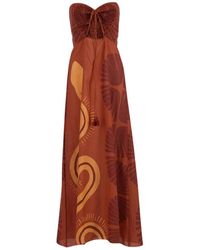 Johanna Ortiz - Terracotta Maxi Jurk Met Geborduurde Kwasten - Lyst