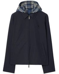 Burberry - Jassen ,Blauw ,Katoen Omkeerbaar Katoenen Jack Met Check-Patroon - Lyst