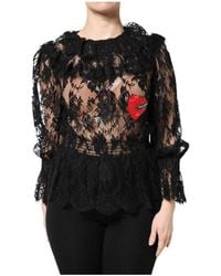 Dolce & Gabbana - Overhemden ,Zwart ,Katoen Zwarte Bloemenkant Blouse Top Voor Vrouwen - Lyst