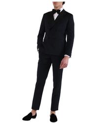 Paoloni - Kostuums ,Blauw ,Satijn Dubbelbreasted Smokingjasje Met Satijnen Revers - Lyst