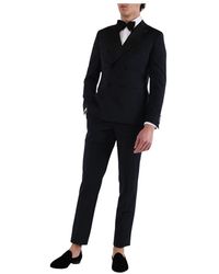 Paoloni - Kostuums ,Blauw ,Satijn Dubbelbreasted Smokingjasje Met Satijnen Revers - Lyst