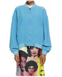Versace - Hoodies & Sweatvesten ,Blauw ,Polyester Silk Poplin Zip Blouson - Lyst