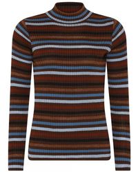 Skovhuus - Gestreifter Rippstrickpullover Bluse Kastanie - Lyst