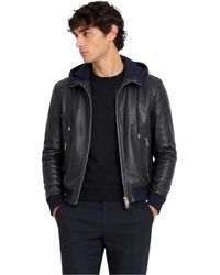 Dolce & Gabbana - Jassen ,Blauw ,Leer Lederen Lamsvel Jas Met Capuchon - Lyst