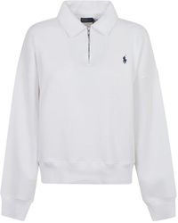 Ralph Lauren - Hoodies & Sweatvesten ,Wit ,Katoen Sweatshirt Met Halve Rits En Kraag - Lyst