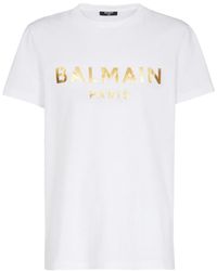 Balmain - Maglietta bianca con stampa logo metallico - Lyst