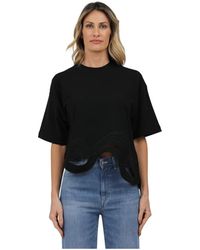 Alpha Studio - Tops ,Zwart ,Golf Geborduurde Half Mouw Ronde Hals Top - Lyst