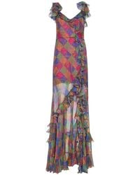 Etro - Kleedjes ,Veelkleurig ,Polyester Zijden Lange Jurk Met Ruffles En Geometrisch Paisley Motief - Lyst