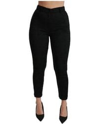 Dolce & Gabbana - Zwarte Brokaat Skinny Hoge Taille Broek - Lyst