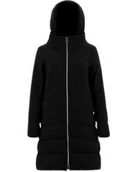 Herno - Cappotto nero in lana e twill di melton con cappuccio removibile - Lyst