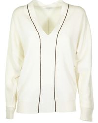 Brunello Cucinelli - Weiße v-ausschnitt cashmere pullover mit monili-stickerei - Lyst