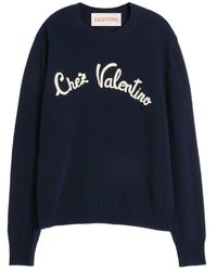 Valentino - Truien & Vesten ,Blauw ,Wol Blauwe Geborduurde Logo Trui - Lyst