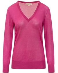 Michael Kors - Truien & Vesten ,Roze ,Roze V-Hals Gebreide Trui Met Geribbelde Details - Lyst