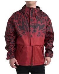 Dolce & Gabbana - Jassen ,Veelkleurig ,Katoen Rode Luipaardprint Hooded Regenjas - Lyst