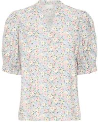 Ichi - Overhemden ,Veelkleurig ,Katoen Bloemen V-Hals Blouse - Lyst