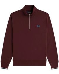 Fred Perry - Hoodies & Sweatvesten ,Rood ,Katoen Half-Zip Katoenen Sweatshirt Met Laurierborduursel - Lyst