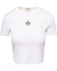 Fendi - Geribbelde Crop T-Shirt Met Logo Borduursel - Lyst