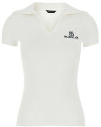 Balenciaga - Tops ,Wit ,Polyester Geribbelde Gebreide Poloshirt - Lyst