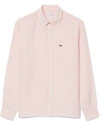 Lacoste - Overhemden ,Roze ,Linnen Regular Fit Gestreepte Linnen Overhemd - Lyst