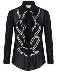 Elisabetta Franchi - Overhemden ,Zwart ,Satijn Georgette Blouse Met Ruches - Lyst