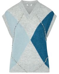 Liu Jo - Truien & Vesten ,Veelkleurig ,Wol Argyle Vest Met Juwelenborduursel - Lyst