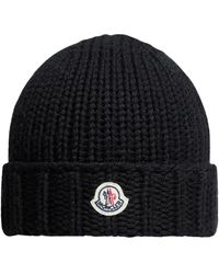 Moncler - Accessoires ,Zwart ,Wol Ribbed Wool Beanie - Lyst