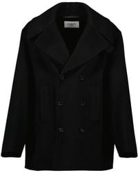 Saint Laurent - Zwarte Wollen Jas Oversize Elegante Details - Lyst