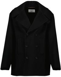Saint Laurent - Zwarte Wollen Jas Oversize Elegante Details - Lyst
