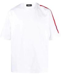 DSquared² - Tops ,Wit ,Katoen T-Shirt Met Korte Mouwen En Rode Schouderband - Lyst