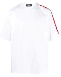 DSquared² - Tops ,Wit ,Katoen T-Shirt Met Korte Mouwen En Rode Schouderband - Lyst