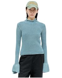 Acne Studios - Truien & Vesten ,Blauw ,Katoen Geribbelde Gebreide Trui Met Ruches - Lyst