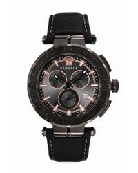 Versace - Accessoires ,Zwart ,Greca Chrono Zwart Leren Chronograaf Horloge - Lyst
