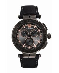 Versace - Accessoires ,Zwart ,Greca Chrono Zwart Leren Chronograaf Horloge - Lyst