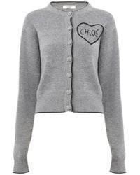 Chloé - Truien & Vesten ,Grijs ,Wol Fitted Logo Cardigan - Lyst