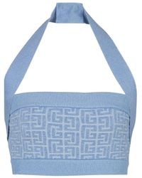 Balmain - Tops ,Blauw ,Polyester Gebreide Haltertop Met Pb Labyrinth Monogram - Lyst
