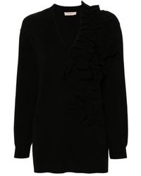Twinset - Truien & Vesten ,Zwart ,Zwarte Gebreide Gerimpelde V-Hals Jurk - Lyst