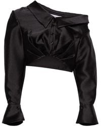 Self-Portrait - Overhemden ,Zwart ,Polyester Cropped Taffeta Top Met Asymmetrische Halslijn - Lyst